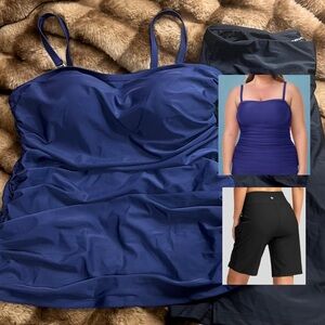 Tankini Top Tummy Control Bathing Suit Navy Blue & Black 9” Swim Shorts